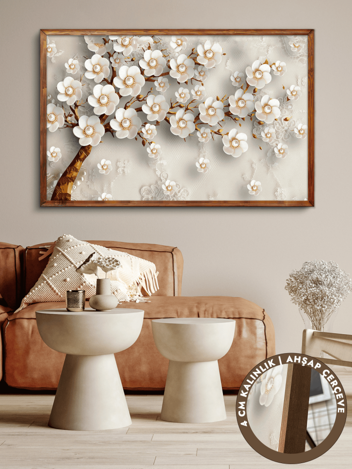 Gold Yapraklı Çiçekli Ağaç Tek Parça Çerçeveli Kanvas - Canvas Tablo 48x68 CM Kahverengi