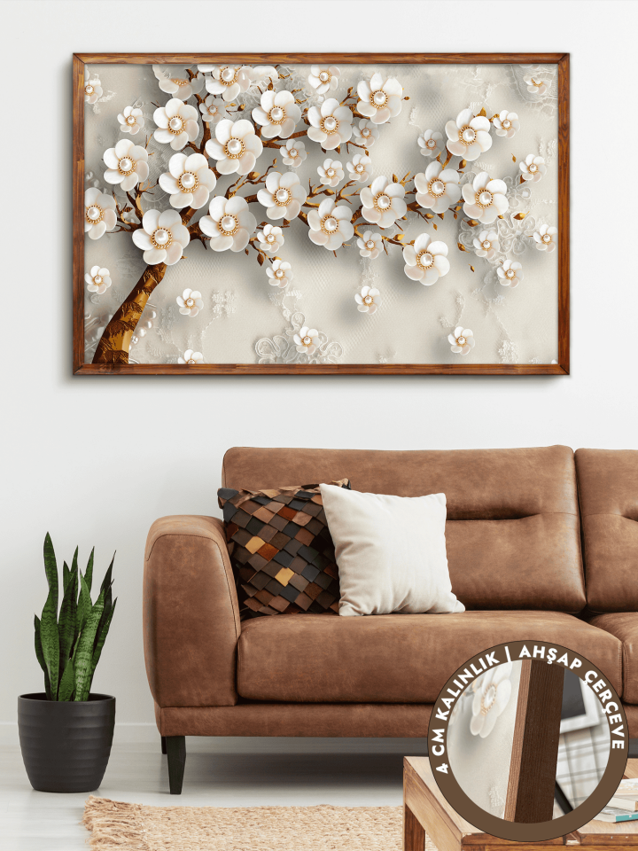 Gold Yapraklı Çiçekli Ağaç Tek Parça Çerçeveli Kanvas - Canvas Tablo 48x68 CM Kahverengi