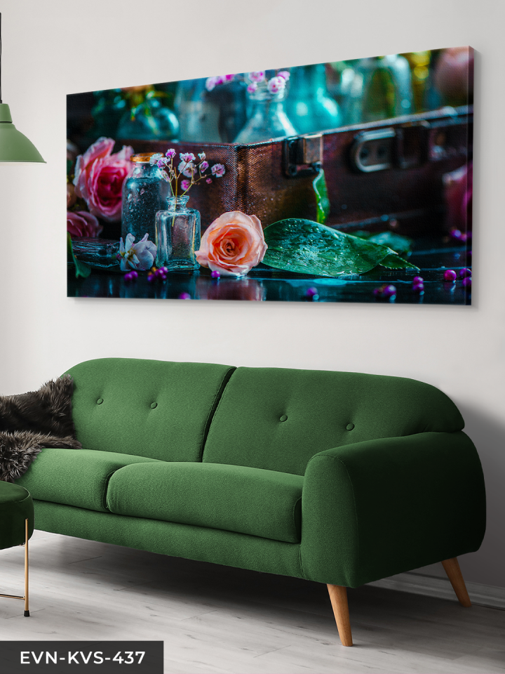 Su Damlaları ve Gül Tek Parça Kanvas - Canvas Tablo 140 x 90 CM - Çok Renkli