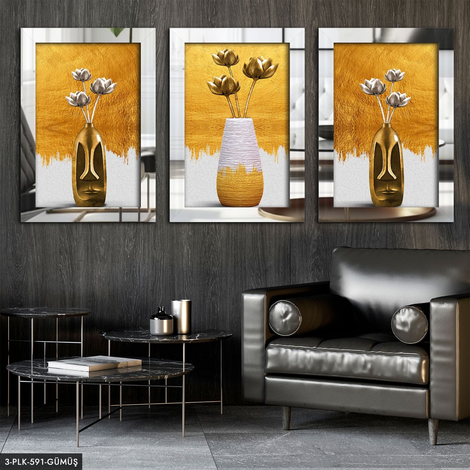 Vazo Çiçekler 3 Parça Pleksi Aynalı Tablo 60 x 80 CM - Gümüş