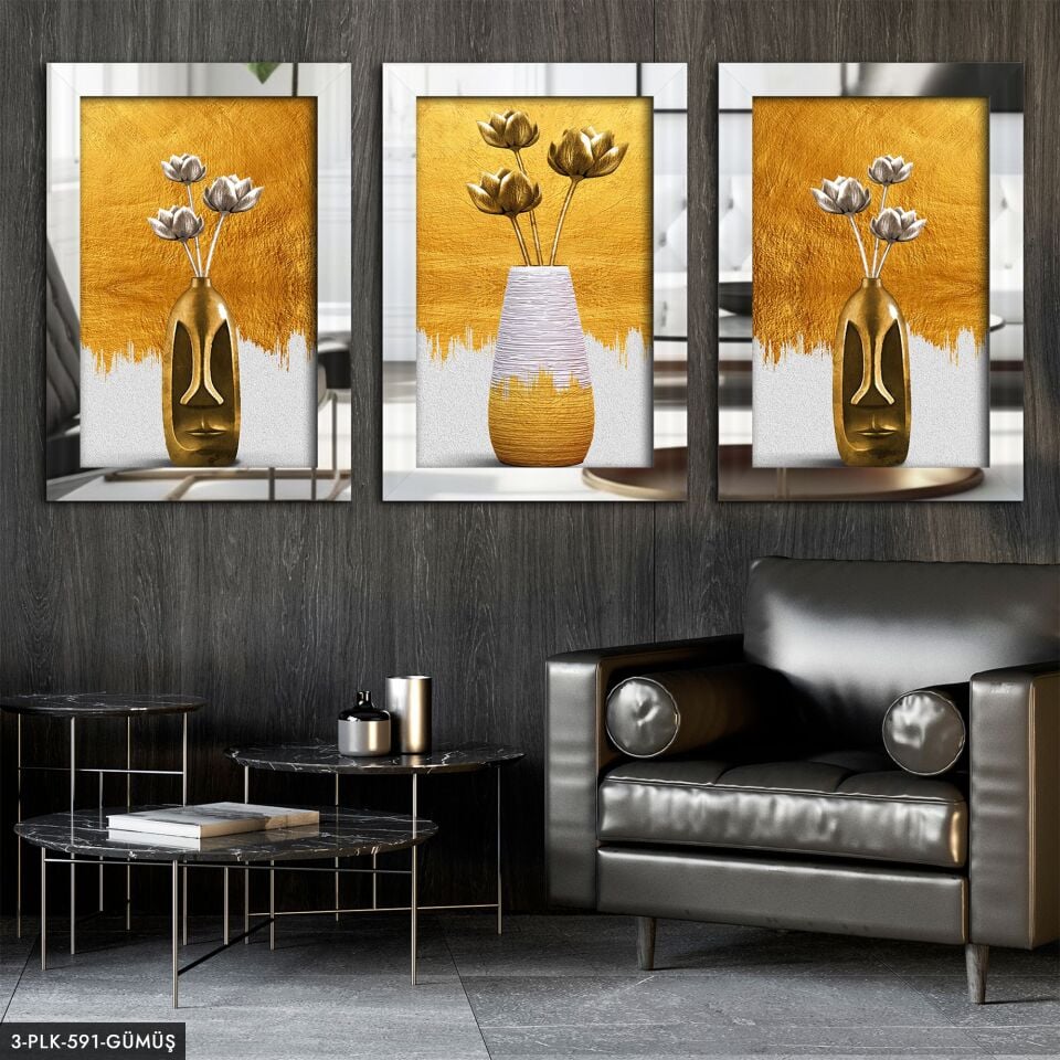Vazo Çiçekler 3 Parça Pleksi Aynalı Tablo 60 x 80 CM - Gümüş