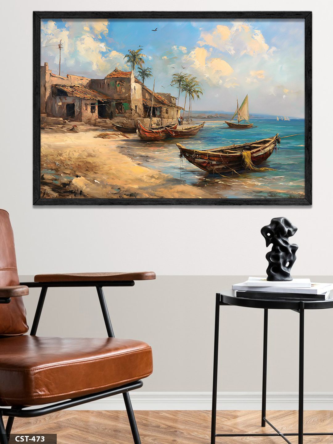 Deniz Kenarı Manzara Tek Parça Ahşap Çerçeveli Tablo Siyah - 30 x 40 CM