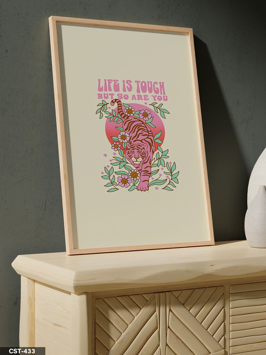 Pembe Kaplan Tek Parça Ahşap Çerçeveli Tablo Naturel - 20 x 30 CM