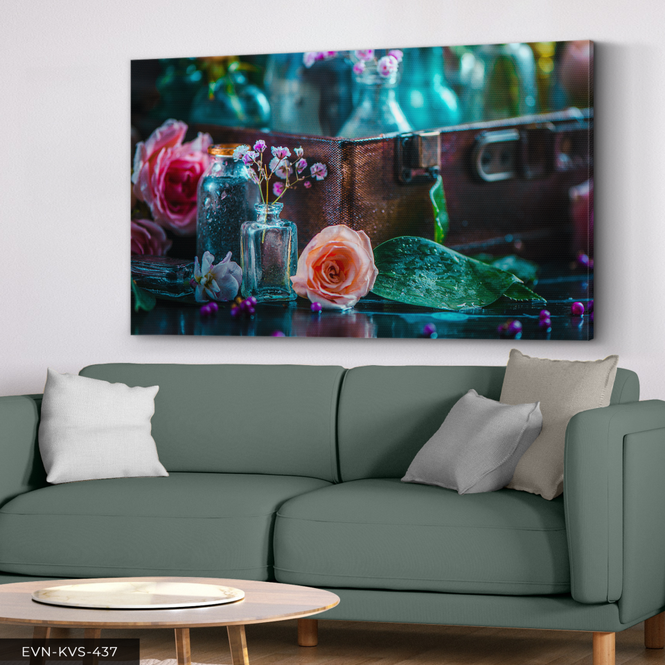 Su Damlaları ve Gül Tek Parça Kanvas - Canvas Tablo 140 x 90 CM - Çok Renkli