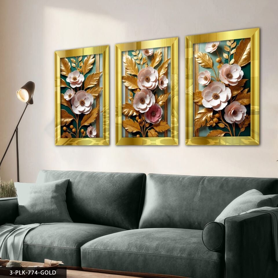 Gold Yapraklı Pembe Çiçekler 3 Parça Pleksi Aynalı Tablo 50 x 70 CM - Gold