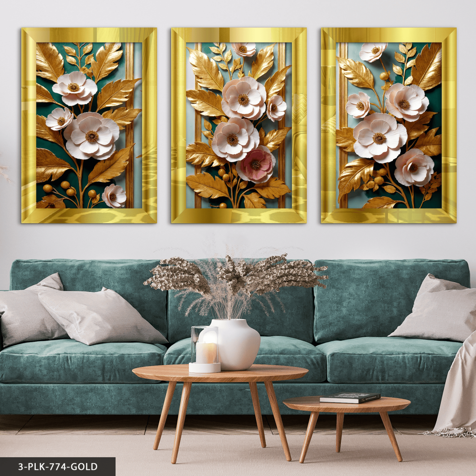 Gold Yapraklı Pembe Çiçekler 3 Parça Pleksi Aynalı Tablo 50 x 70 CM - Gold
