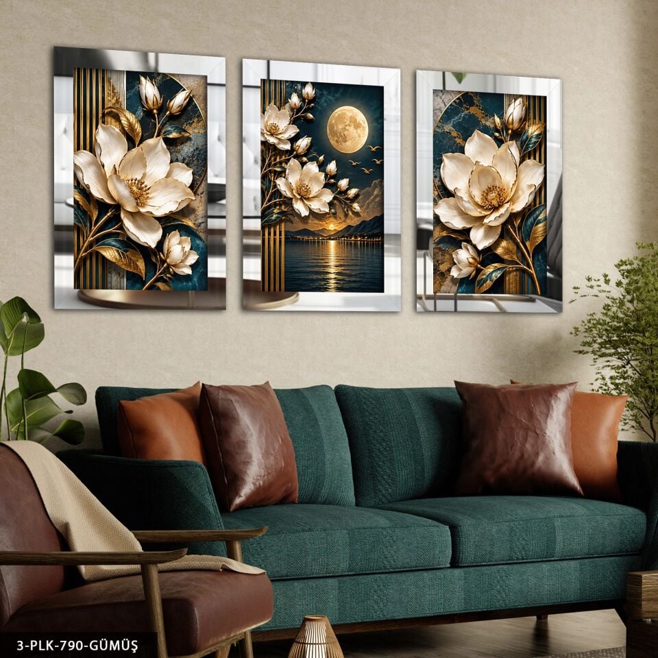 Ay Işığında Beyaz Çiçek 3 Parça Pleksi Aynalı Tablo Gümüş - 50 x 70 CM