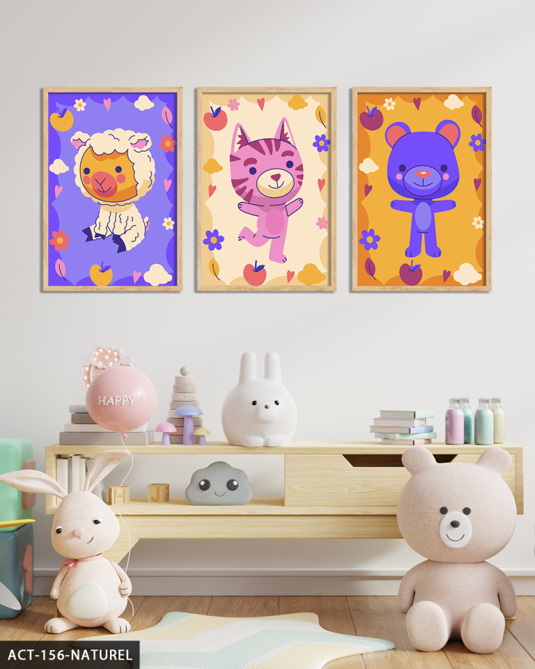 Hayvan Temalı Çocuk Odası 3 Parça Ahşap Çerçeveli Tablo ACT Naturel - 20 x 30 CM