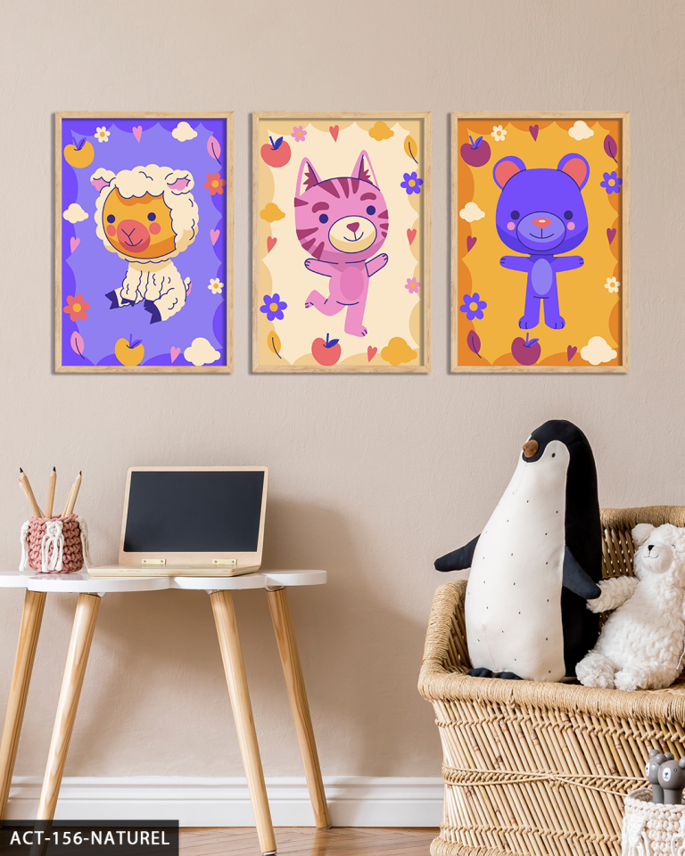 Hayvan Temalı Çocuk Odası 3 Parça Ahşap Çerçeveli Tablo ACT Naturel - 20 x 30 CM