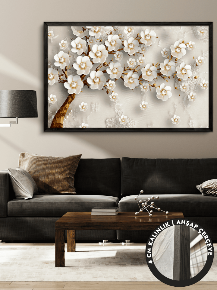 Gold Yapraklı Çiçekli Ağaç Tek Parça Çerçeveli Kanvas - Canvas Tablo 48x68 CM Siyah