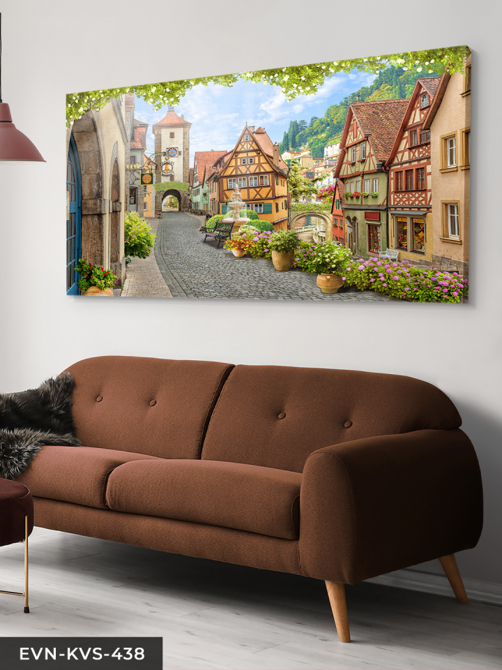 Çiçekli Sokak Tek Parça Kanvas - Canvas Tablo 140 x 90 CM - Çok Renkli