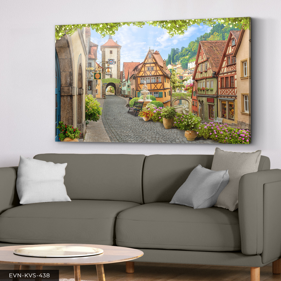 Çiçekli Sokak Tek Parça Kanvas - Canvas Tablo 140 x 90 CM - Çok Renkli