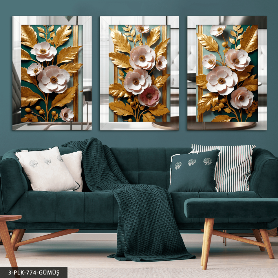Gold Yapraklı Pembe Çiçekler 3 Parça Pleksi Aynalı Tablo Gümüş - 30 x 40 CM