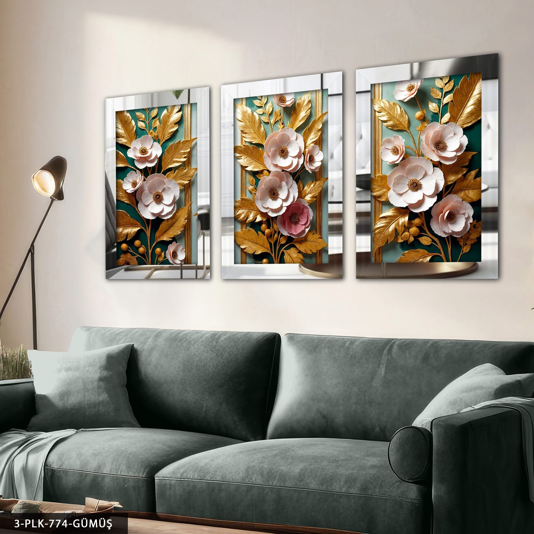 Gold Yapraklı Pembe Çiçekler 3 Parça Pleksi Aynalı Tablo Gümüş - 30 x 40 CM