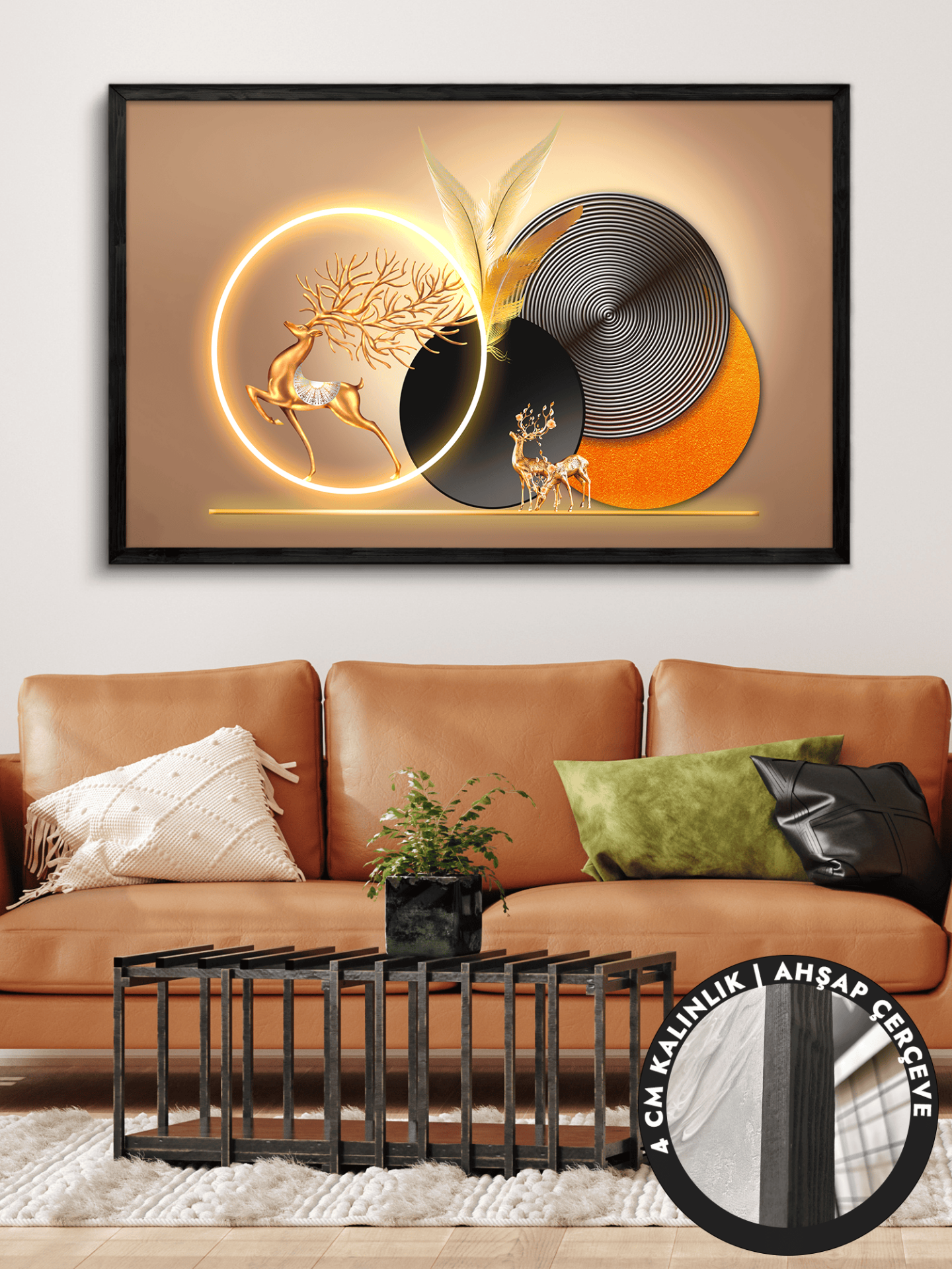 Gold Geyik Yuvarlak Desenler Tek Parça Çerçeveli Kanvas - Canvas Tablo 48x68 CM Siyah