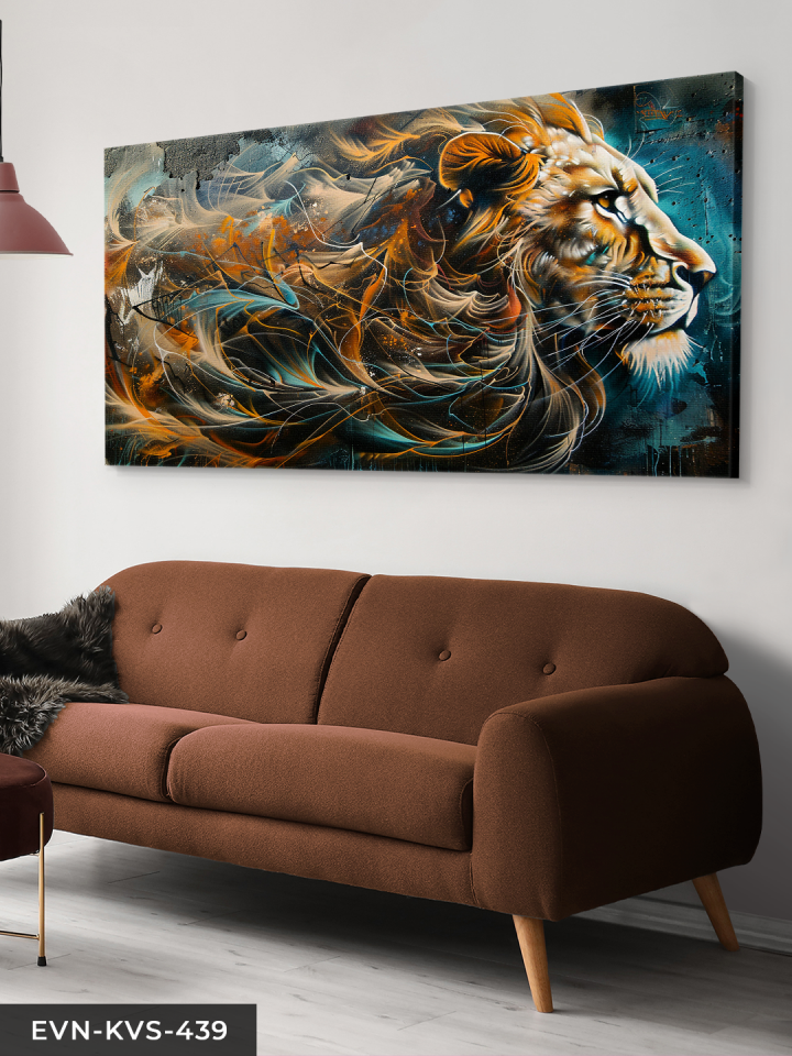 Yağlı Boya Görünümlü Aslan Tek Parça Kanvas - Canvas Tablo 140 x 90 CM - Çok Renkli