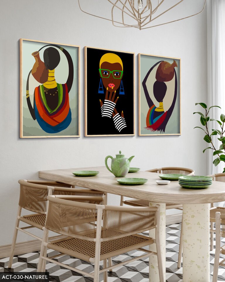 Etnik Afrikalı Kadınlar 3 Parça Ahşap Çerçeveli Tablo ACT Siyah - 40 x 60 CM