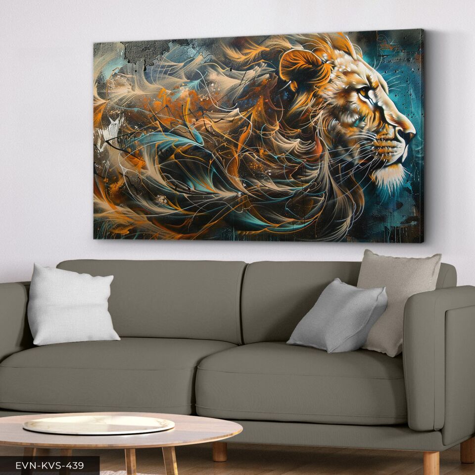 Yağlı Boya Görünümlü Aslan Tek Parça Kanvas - Canvas Tablo 40 x 30 CM - Çok Renkli