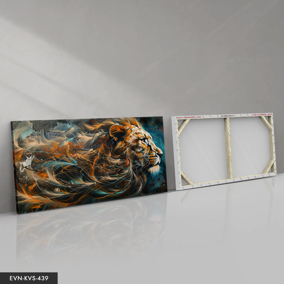 Yağlı Boya Görünümlü Aslan Tek Parça Kanvas - Canvas Tablo 140 x 90 CM - Çok Renkli