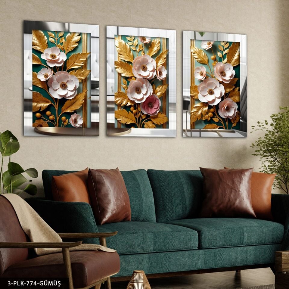 Gold Yapraklı Pembe Çiçekler 3 Parça Pleksi Aynalı Tablo Gümüş - 40 x 60 CM