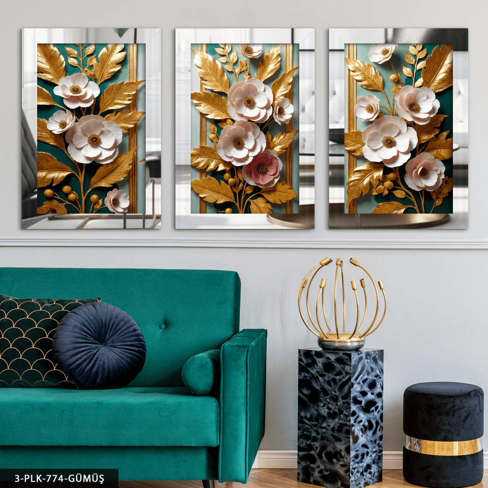 Gold Yapraklı Pembe Çiçekler 3 Parça Pleksi Aynalı Tablo Gümüş - 40 x 60 CM