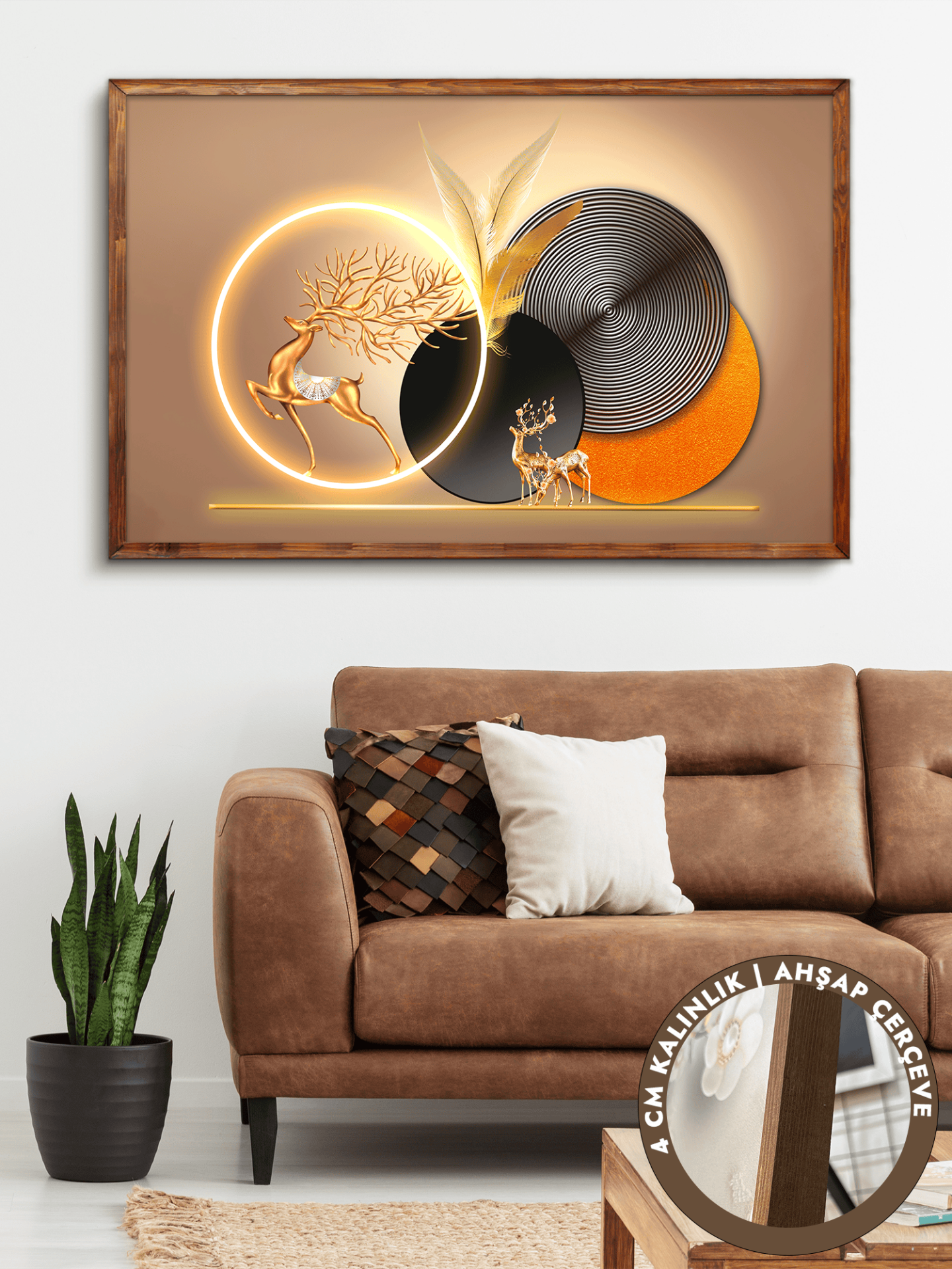 Gold Geyik Yuvarlak Desenler Tek Parça Çerçeveli Kanvas - Canvas Tablo 48x68 CM Kahverengi