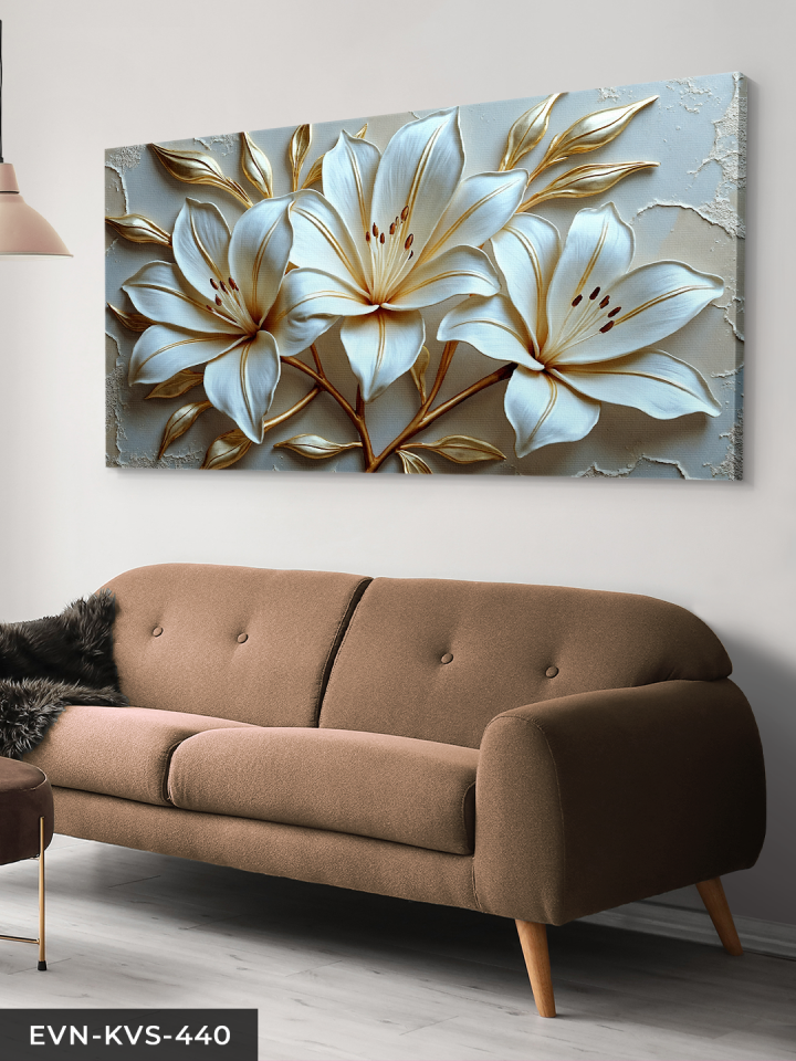 Gold Detaylı Zambak Tek Parça Kanvas - Canvas Tablo 140 x 90 CM - Çok Renkli