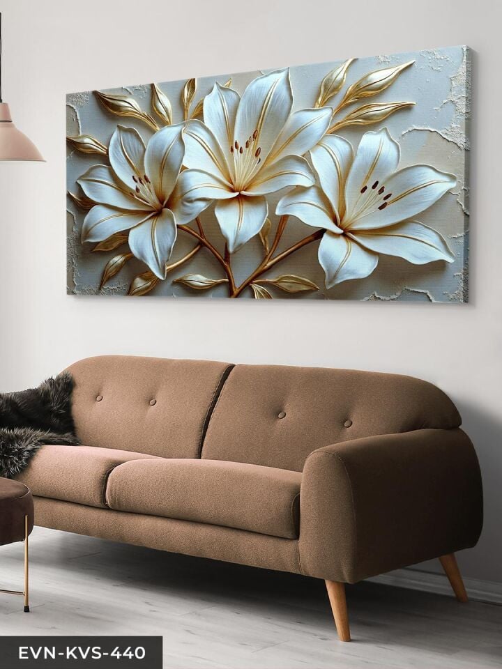 Gold Detaylı Zambak Tek Parça Kanvas - Canvas Tablo 40 x 30 CM - Çok Renkli