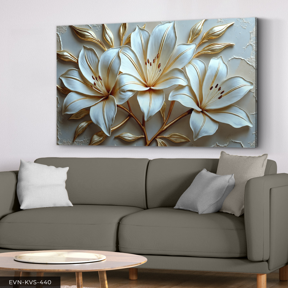 Gold Detaylı Zambak Tek Parça Kanvas - Canvas Tablo 140 x 90 CM - Çok Renkli