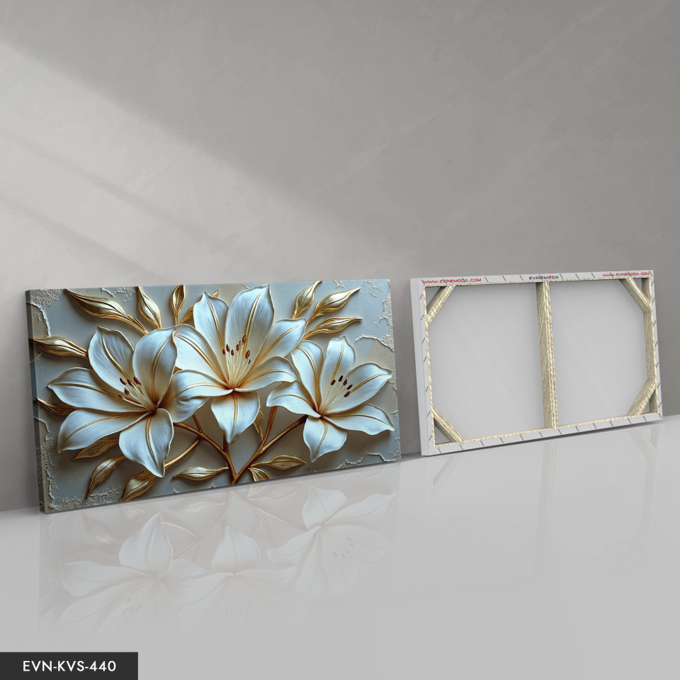 Gold Detaylı Zambak Tek Parça Kanvas - Canvas Tablo 140 x 90 CM - Çok Renkli