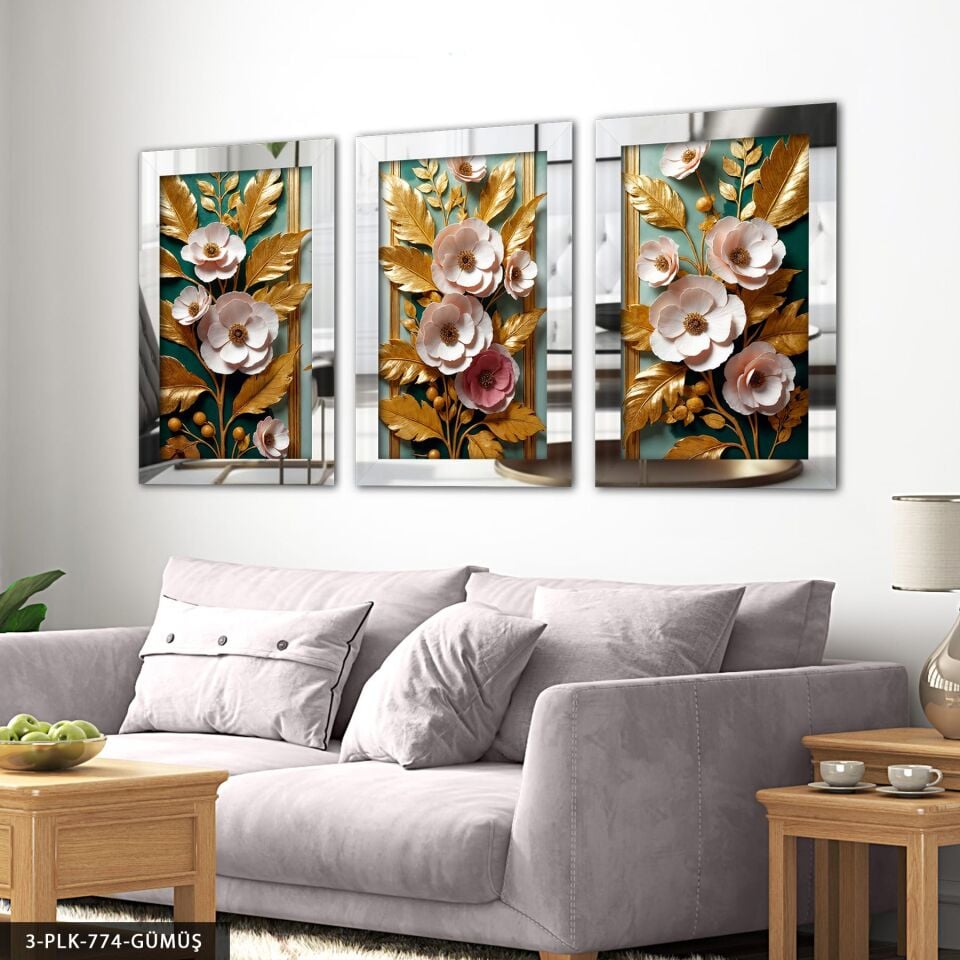 Gold Yapraklı Pembe Çiçekler 3 Parça Pleksi Aynalı Tablo Gümüş - 50 x 70 CM