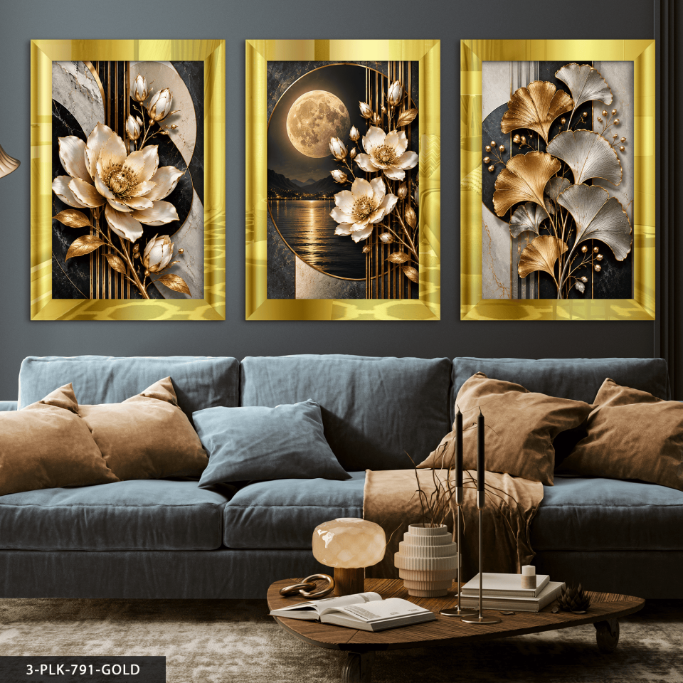 Ay Işığında Beyaz Çiçek ve Yaprak 3 Parça Pleksi Aynalı Tablo 40 x 60 CM - Gold