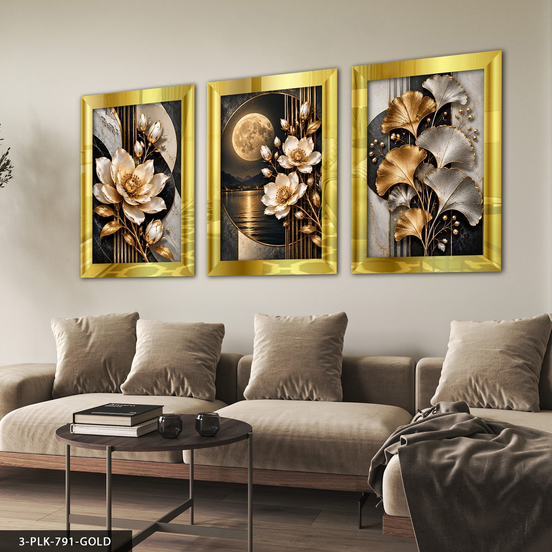 Ay Işığında Beyaz Çiçek ve Yaprak 3 Parça Pleksi Aynalı Tablo 40 x 60 CM - Gold