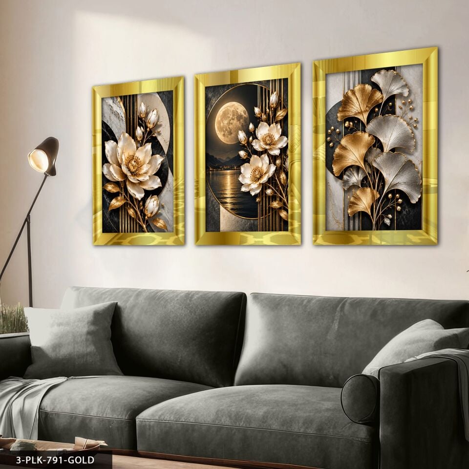 Ay Işığında Beyaz Çiçek ve Yaprak 3 Parça Pleksi Aynalı Tablo 40 x 60 CM - Gold