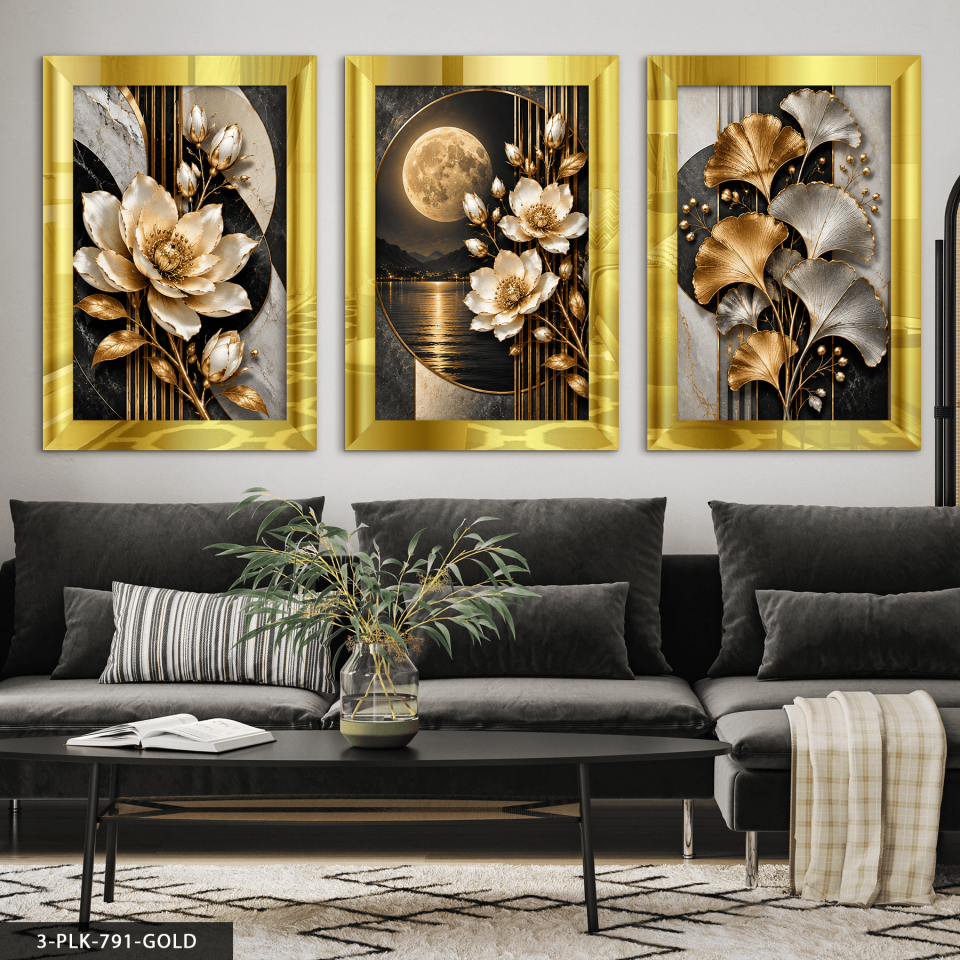 Ay Işığında Beyaz Çiçek ve Yaprak 3 Parça Pleksi Aynalı Tablo 40 x 60 CM - Gold