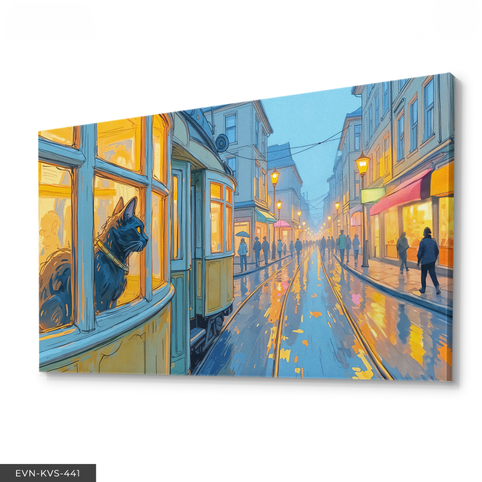 Kara Kedi ve Sokak Tek Parça Kanvas - Canvas Tablo 140 x 90 CM - Çok Renkli