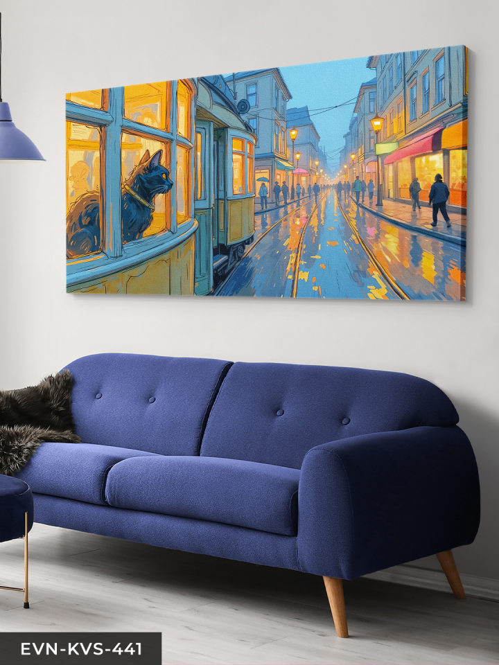 Kara Kedi ve Sokak Tek Parça Kanvas - Canvas Tablo 140 x 90 CM - Çok Renkli