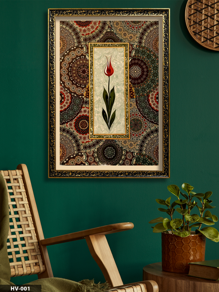 Lale Desen Vintage Desenli Premium Çerçeveli Tek Parça Tablo 75x55 CM HV
