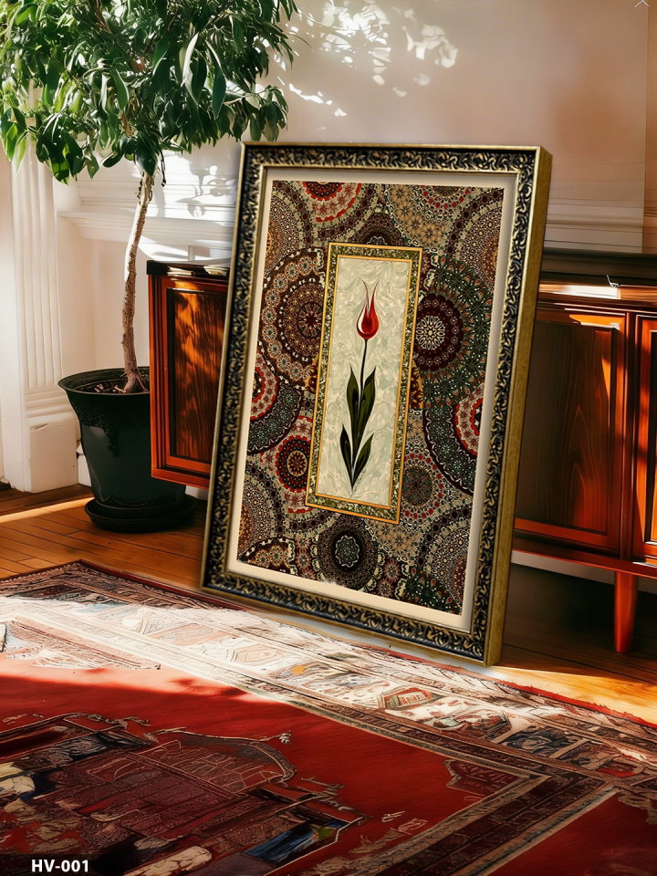 Lale Desen Vintage Desenli Premium Çerçeveli Tek Parça Tablo 75x55 CM HV