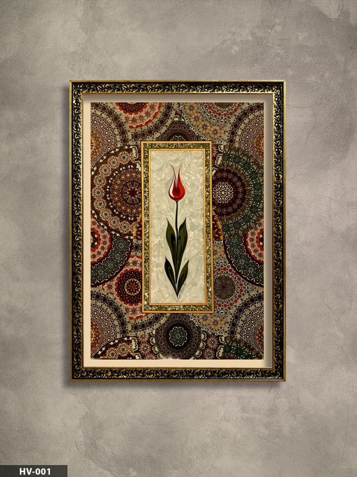 Lale Desen Vintage Desenli Premium Çerçeveli Tek Parça Tablo 75x55 CM HV