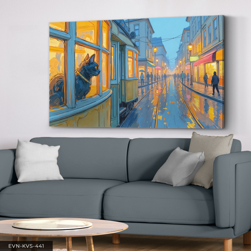 Kara Kedi ve Sokak Tek Parça Kanvas - Canvas Tablo 140 x 90 CM - Çok Renkli