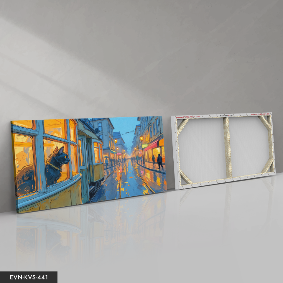 Kara Kedi ve Sokak Tek Parça Kanvas - Canvas Tablo 140 x 90 CM - Çok Renkli