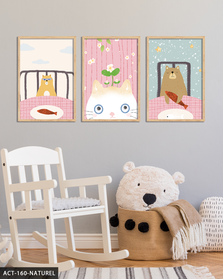Sevimli Kedi ve Ayı 3 Parça Ahşap Çerçeveli Tablo ACT Naturel - 20 x 30 CM