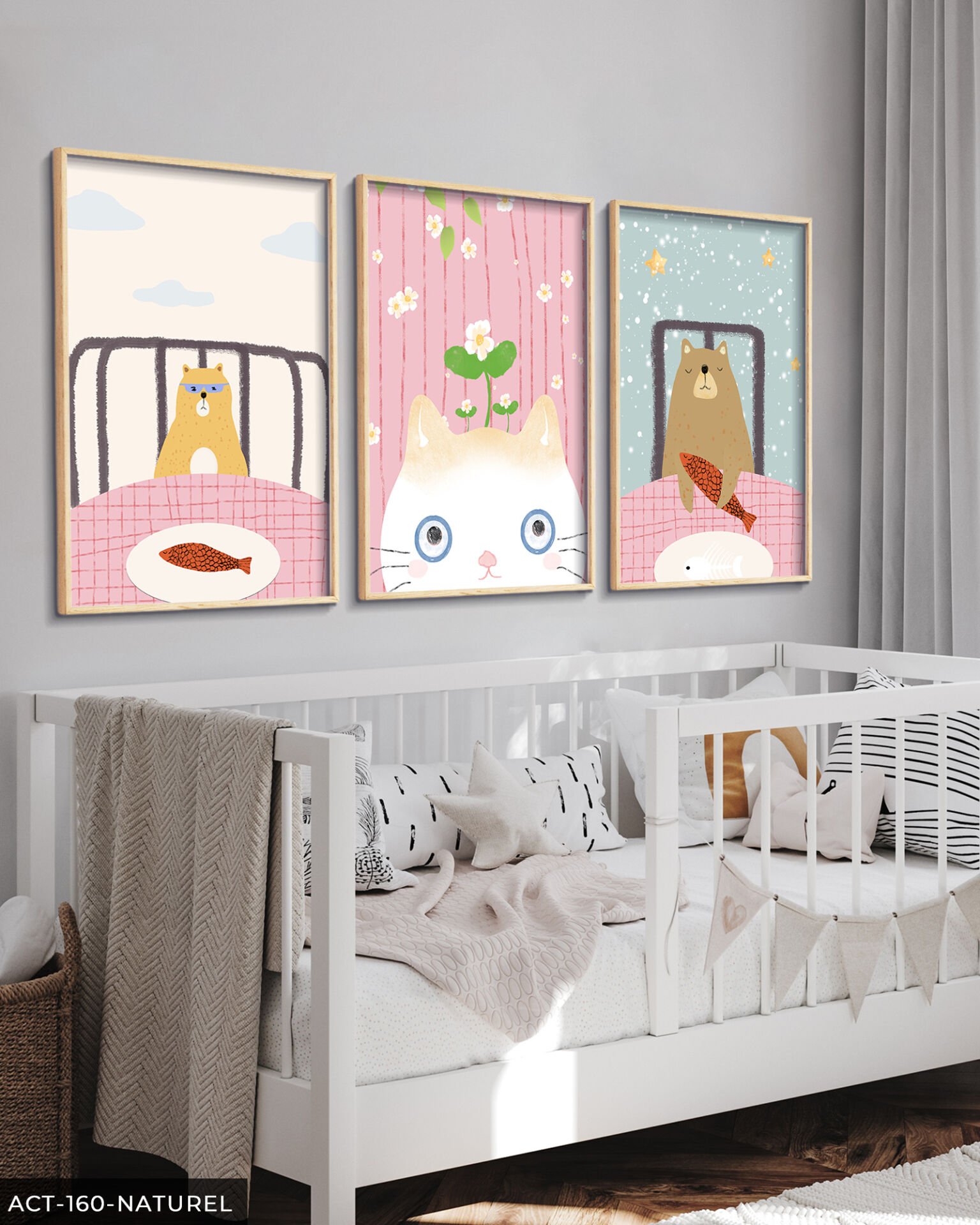 Sevimli Kedi ve Ayı 3 Parça Ahşap Çerçeveli Tablo ACT Naturel - 20 x 30 CM