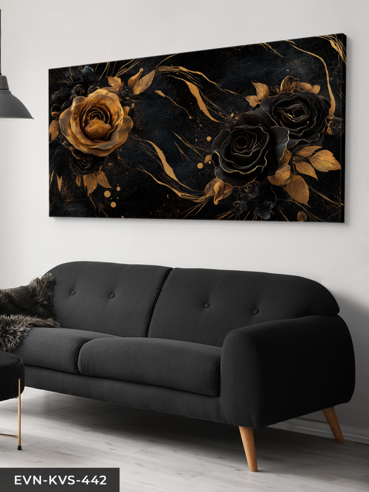 Gold ve Siyah Gül Tek Parça Kanvas - Canvas Tablo 140 x 90 CM - Çok Renkli