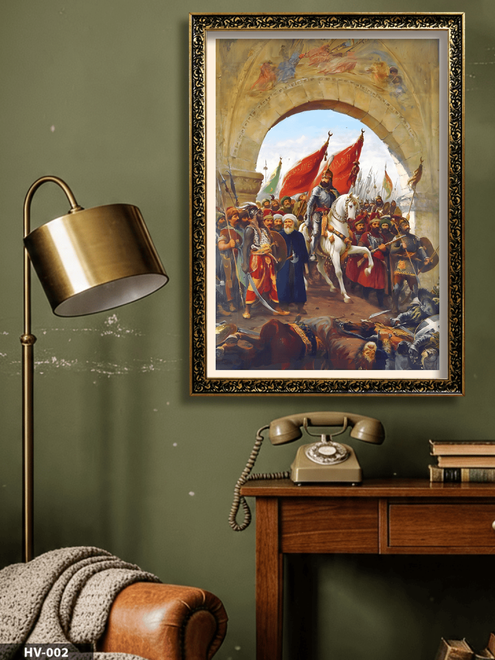 Fatih Sultan Mehmet'in İstanbul'a Girişi Vintage Desenli Premium Çerçeveli Tek Parça Tablo 75x55 CM HV