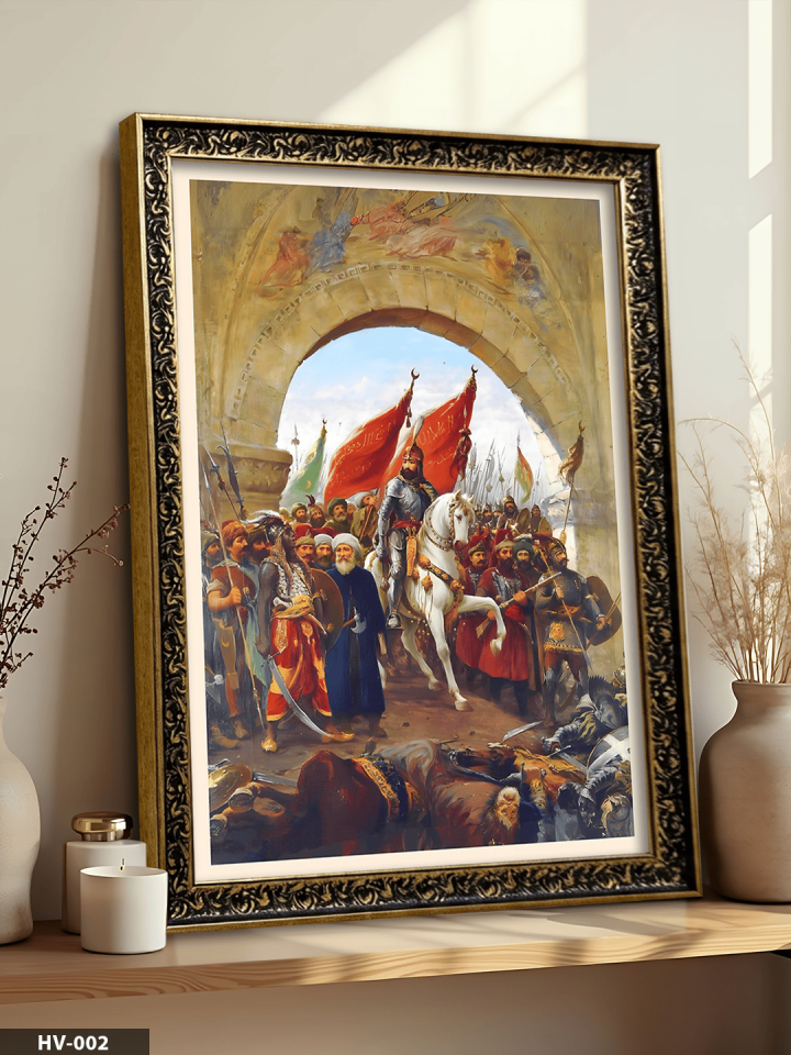 Fatih Sultan Mehmet'in İstanbul'a Girişi Vintage Desenli Premium Çerçeveli Tek Parça Tablo 75x55 CM HV