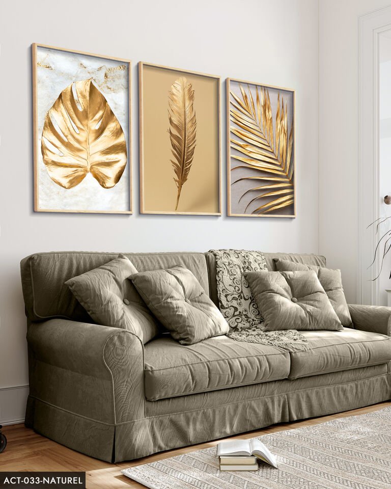 Gold Yaprak Tüy 3 Parça Ahşap Çerçeveli Tablo ACT Siyah - 40 x 60 CM