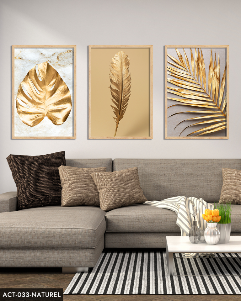 Gold Yaprak Tüy 3 Parça Ahşap Çerçeveli Tablo ACT Siyah - 40 x 60 CM