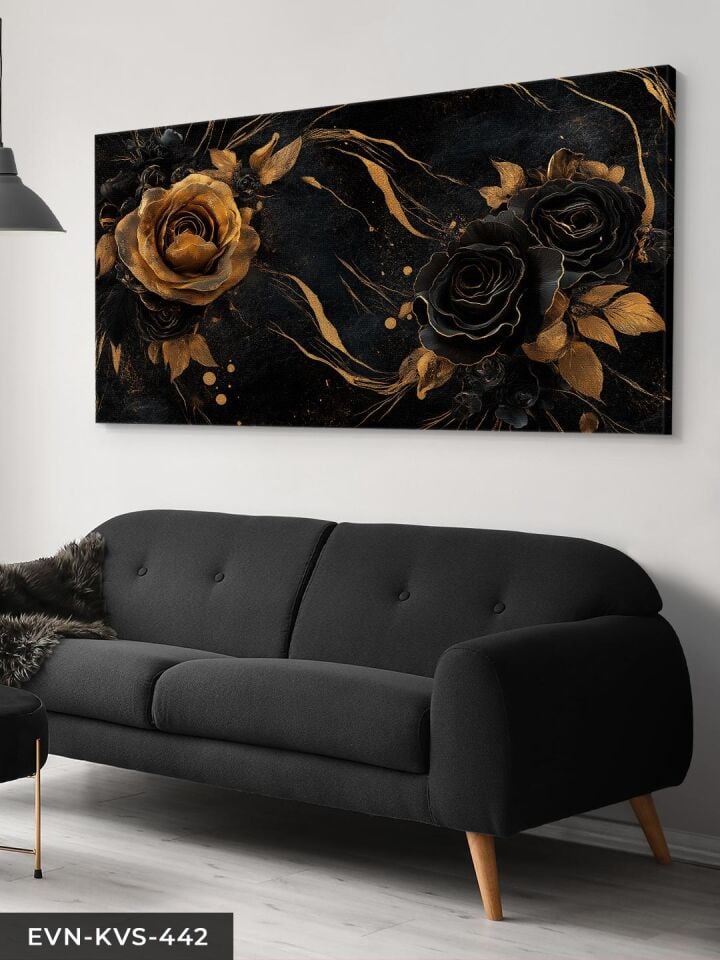 Gold ve Siyah Gül Tek Parça Kanvas - Canvas Tablo 40 x 30 CM - Çok Renkli